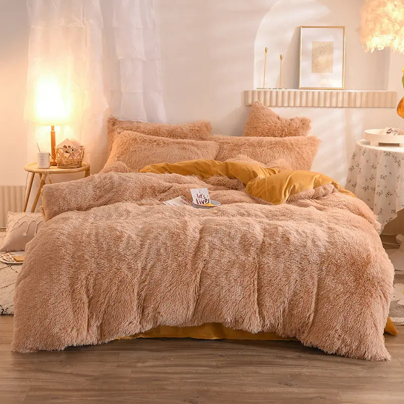 Luxury Thick Fleece Duvet Cover Queen King Winter Warm Bed Quilt Cover Pillowcase Fluffy Plush Shaggy Bedclothes Bedding Set Winter Body Keep Warm TrendyDwelling