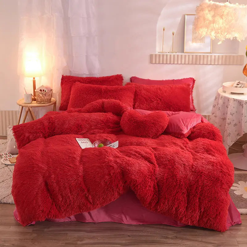 Luxury Thick Fleece Duvet Cover Queen King Winter Warm Bed Quilt Cover Pillowcase Fluffy Plush Shaggy Bedclothes Bedding Set Winter Body Keep Warm TrendyDwelling