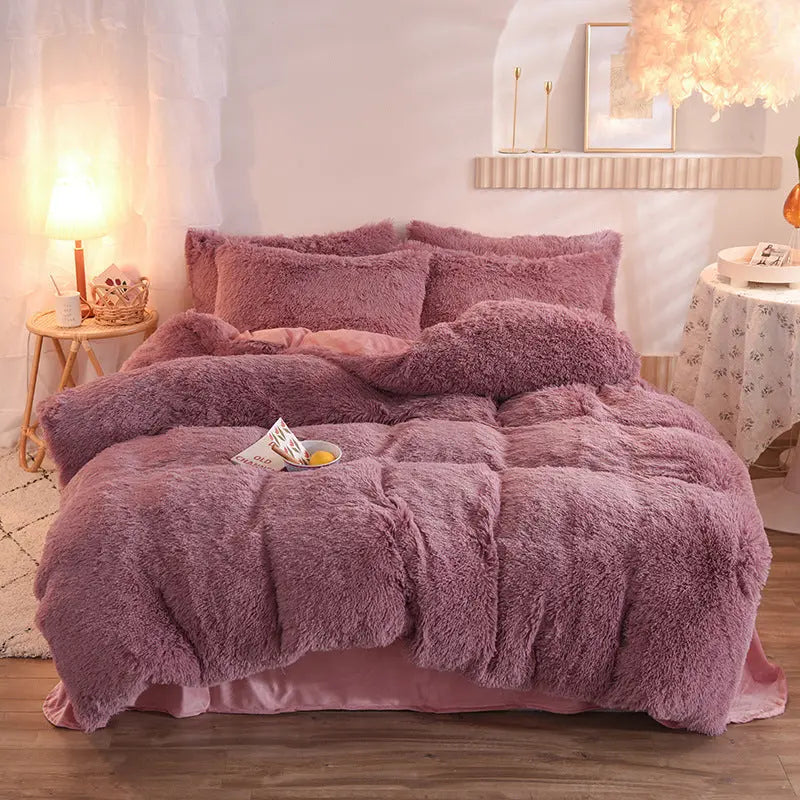 Luxury Thick Fleece Duvet Cover Queen King Winter Warm Bed Quilt Cover Pillowcase Fluffy Plush Shaggy Bedclothes Bedding Set Winter Body Keep Warm TrendyDwelling