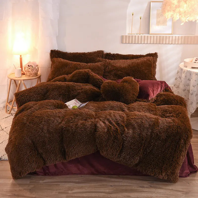 Luxury Thick Fleece Duvet Cover Queen King Winter Warm Bed Quilt Cover Pillowcase Fluffy Plush Shaggy Bedclothes Bedding Set Winter Body Keep Warm TrendyDwelling