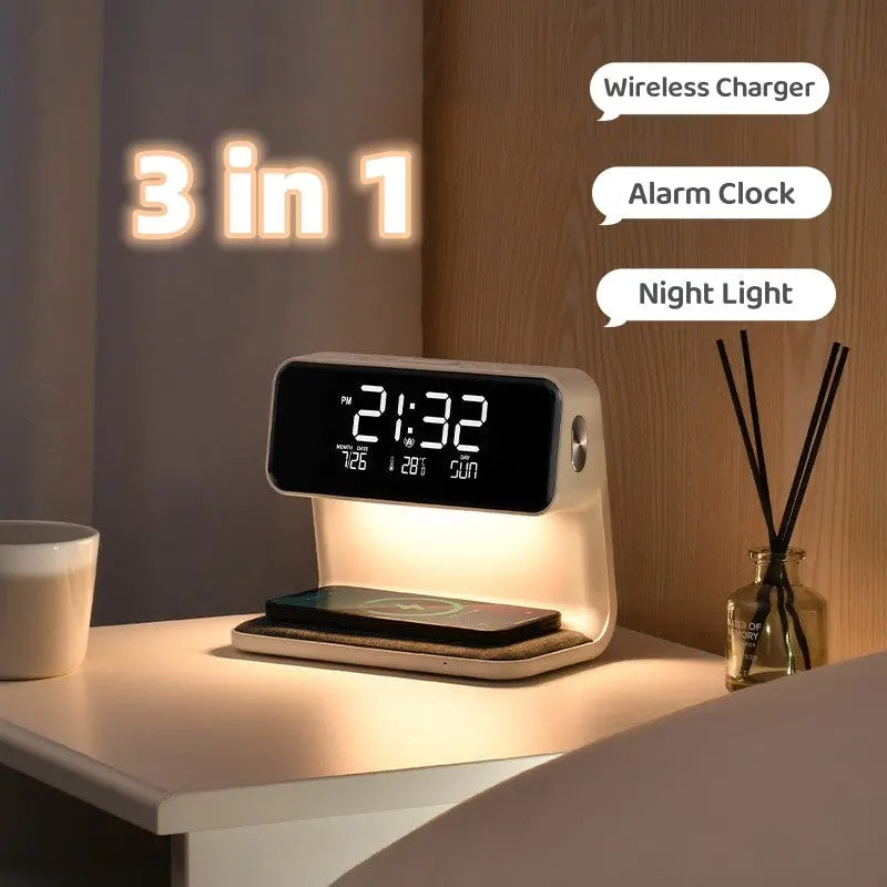 Creative 3 In 1 Bedside Lamp Wireless Charging LCD Screen Alarm Clock  Wireless Phone Charger TrendyDwelling