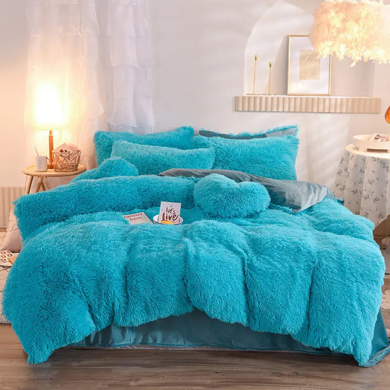 Luxury Thick Fleece Duvet Cover Queen King Winter Warm Bed Quilt Cover Pillowcase Fluffy Plush Shaggy Bedclothes Bedding Set Winter Body Keep Warm TrendyDwelling