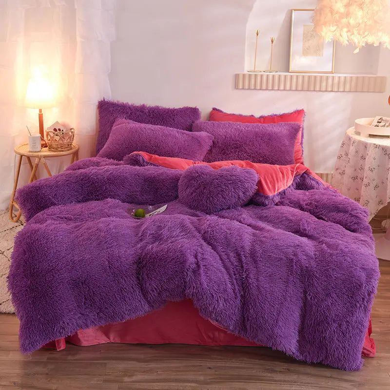 Luxury Thick Fleece Duvet Cover Queen King Winter Warm Bed Quilt Cover Pillowcase Fluffy Plush Shaggy Bedclothes Bedding Set Winter Body Keep Warm TrendyDwelling